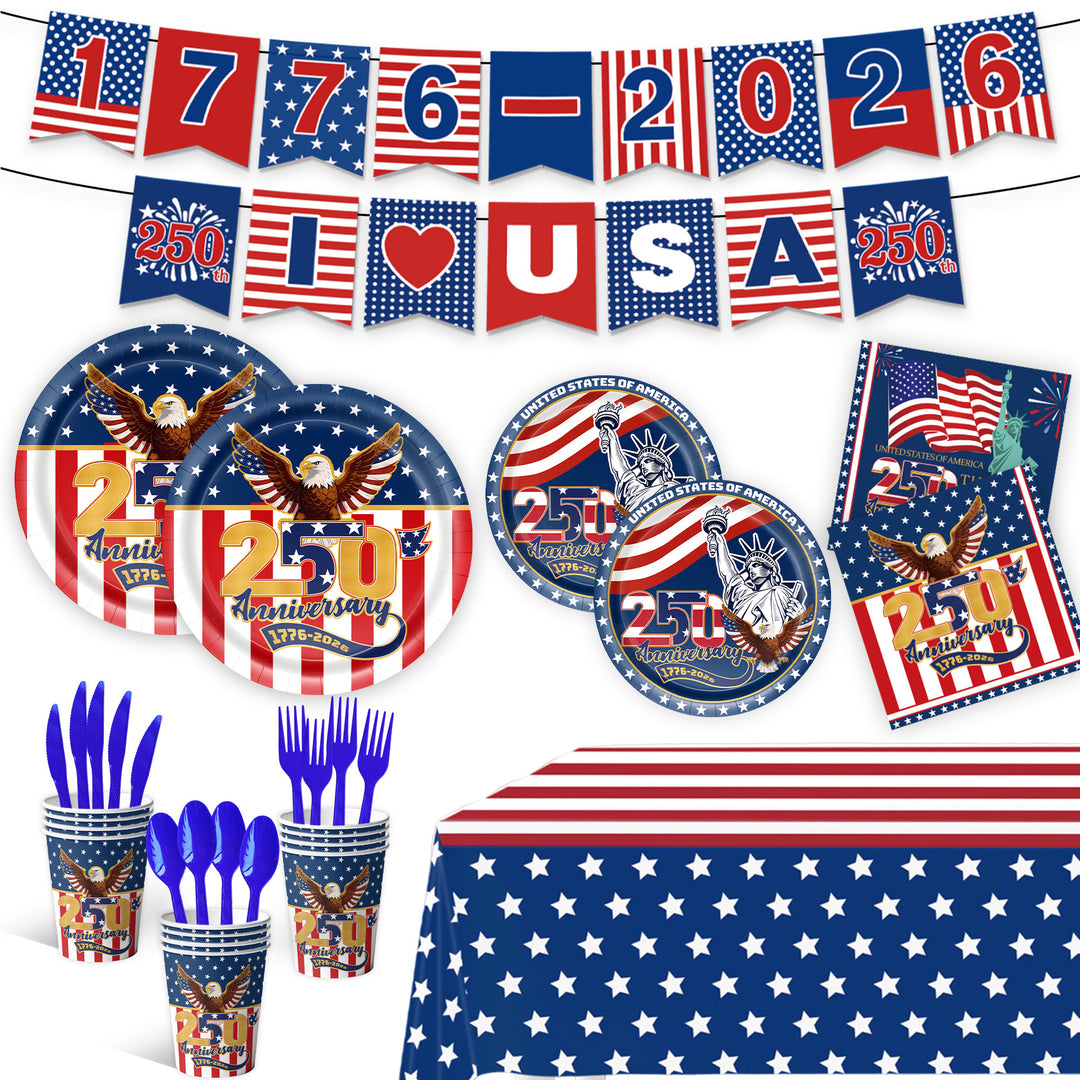 Unisex nan Patriotic Anniversary Disposable Tableware Party Kit with Stars Stripes Plates Cups Napkins Cutlery Banner Bowlift