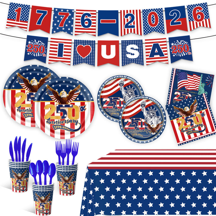 Unisex nan Patriotic Anniversary Disposable Tableware Party Kit with Stars Stripes Plates Cups Napkins Cutlery Banner Bowlift