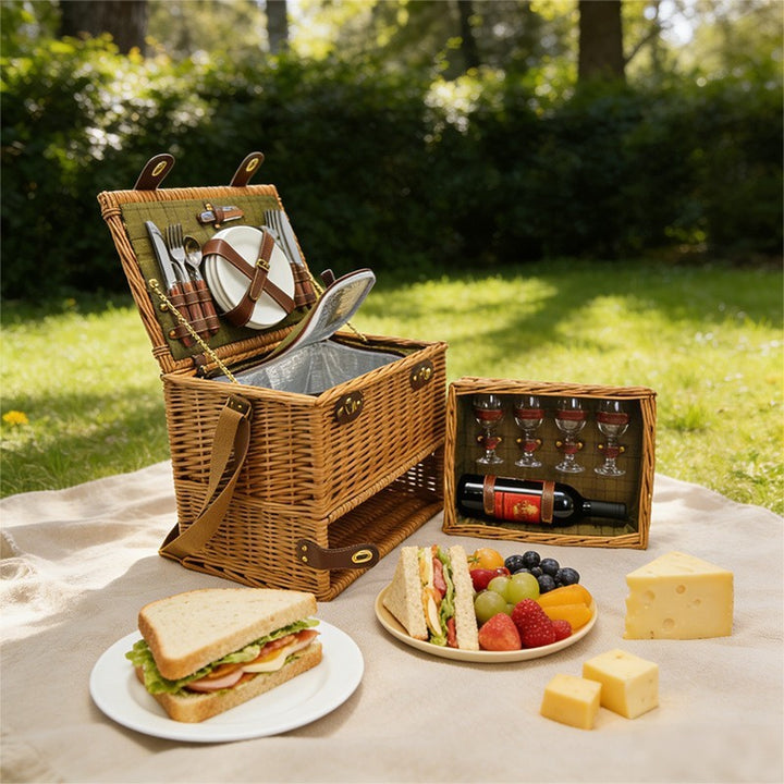 Ladies luxurious picnic basket with integrated crockery set and insulated cooler compartment Bowlift