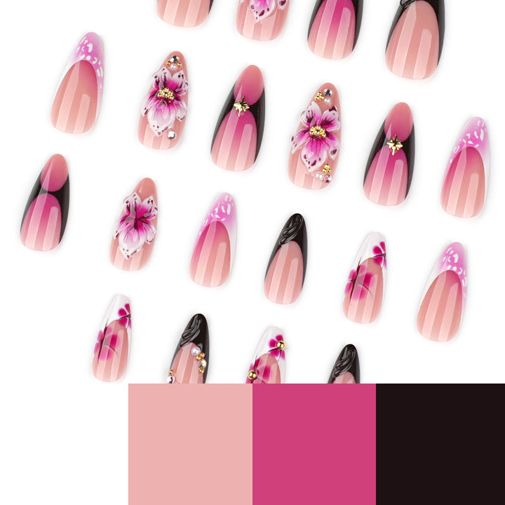 Artful stiletto nails with blooming design and glitter accents Bowlift