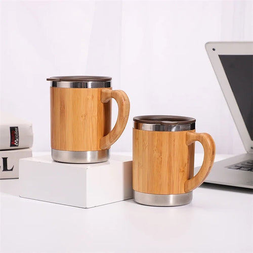 Women sustainable insulated coffee mug with wooden handle Bowlift