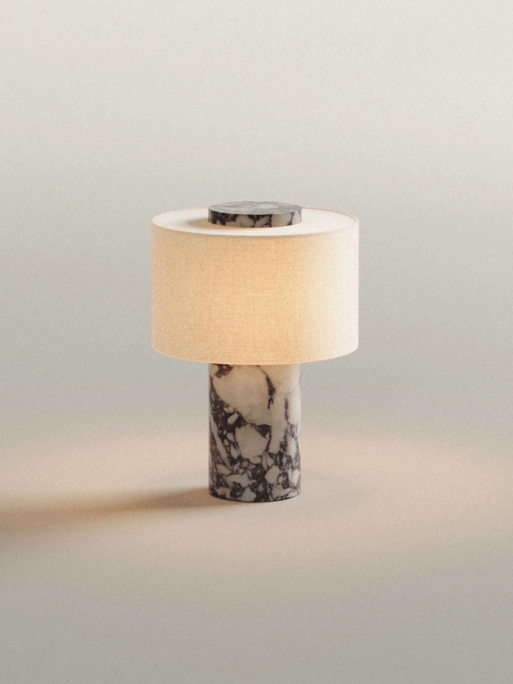 Sculpted natural stone table lamp with fabric drum shade and dimmer Bowlift