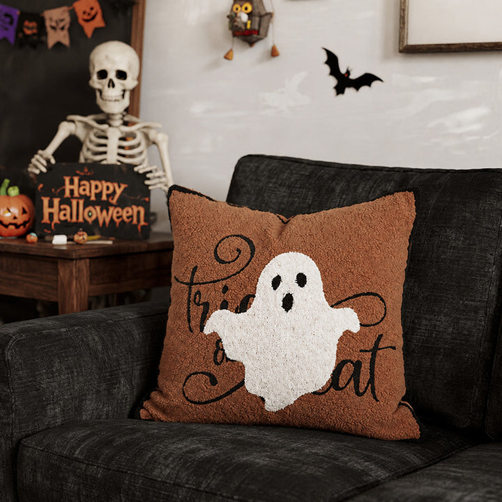Square Decorative Pillow with Embroidered Halloween Ghost and Boucle Surface Bowlift