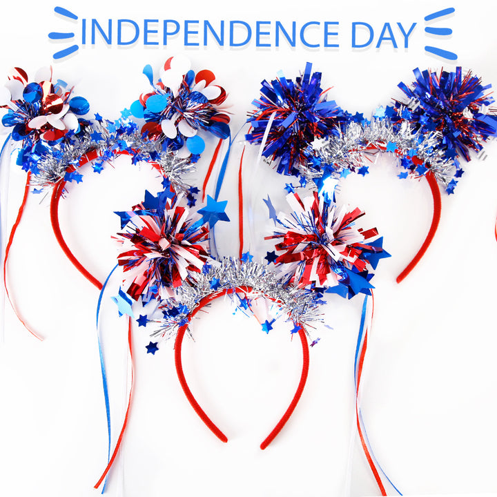Unisex nan festive patriotic tinsel pompom headband with star garland and ribbon streamers Bowlift