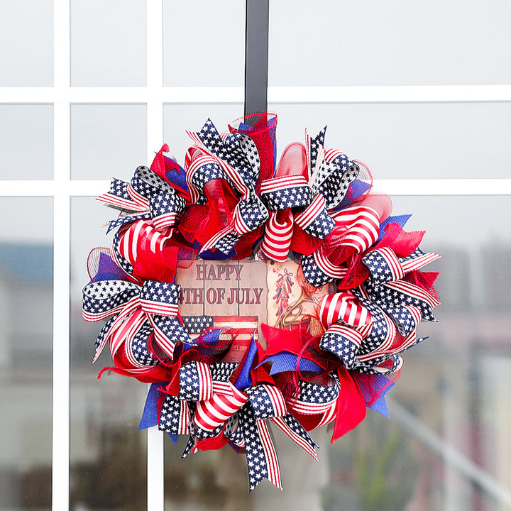Unisex nan patriotic Americana fabric and wood door wreath with ribbon bows Bowlift