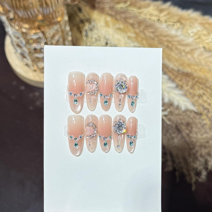 Decorative Press-On Nail Art Set with Unique Gemstone Accents Bowlift