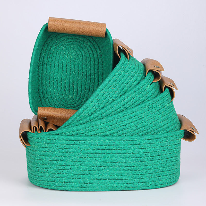 Women Braided Storage Basket with Leather Handles Bowlift