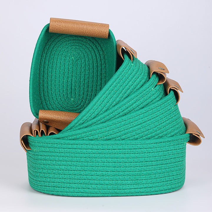 Women Braided Storage Basket with Leather Handles Bowlift