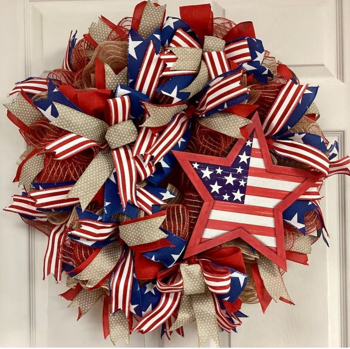 Unisex nan Patriotic Americana Heart Flag Wreath with Ribbon Mesh, Wooden Heart Cutout and Star Accent Bowlsift Bowlift