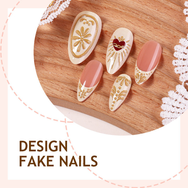 Acrylic Nail Set with Elegant Gold Decorations Bowlift