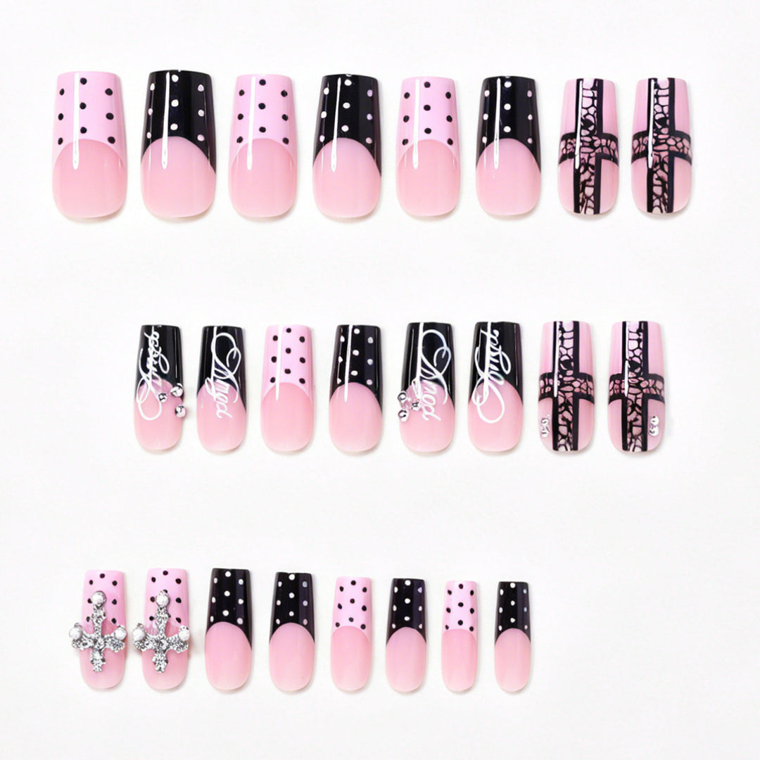 Artistic Long Press-On Nail Design Set with Cross Accents Bowlift