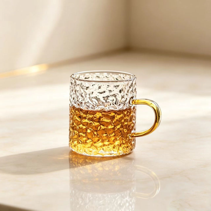Hand-Blown Textured Glass Coffee Mug with Curved Decorative Handle Bowlift