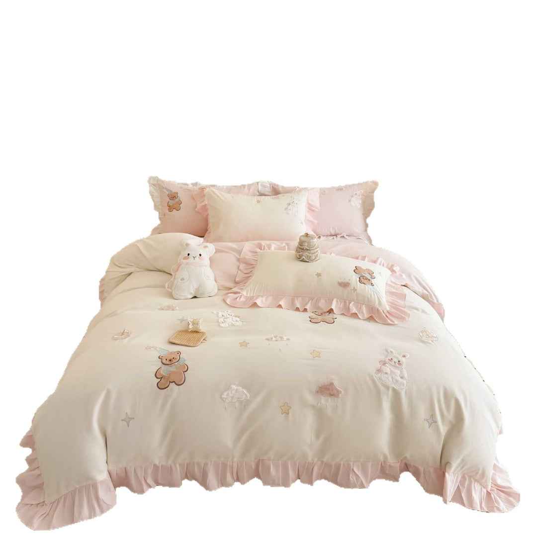 Cute-romantic children's bedding set with ruffles, embroidered teddy bears, and plush appliqué
