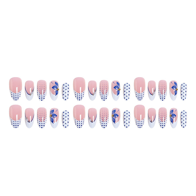 Artificial Nail Set with Decorative Polka Dots and Floral Accents Bowlift