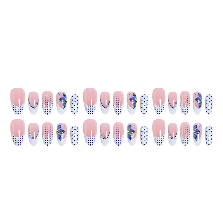 Artificial Nail Set with Decorative Polka Dots and Floral Accents Bowlift