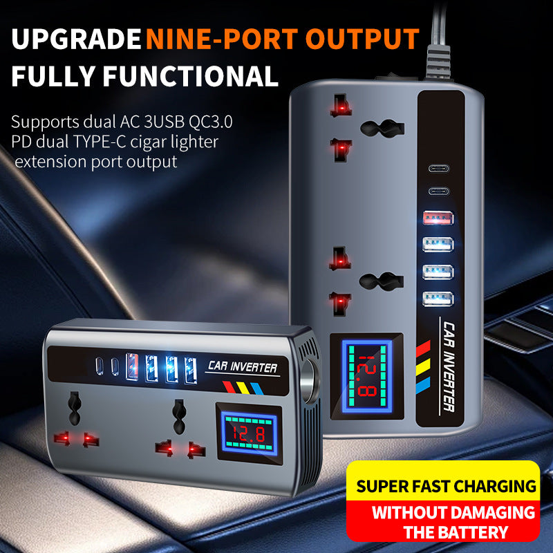 High-Power Vehicle Power Inverter with Multiple USB and USB-C Fast-Charging Ports and AC Outlet Cigarette Lighter Extension Bowlift