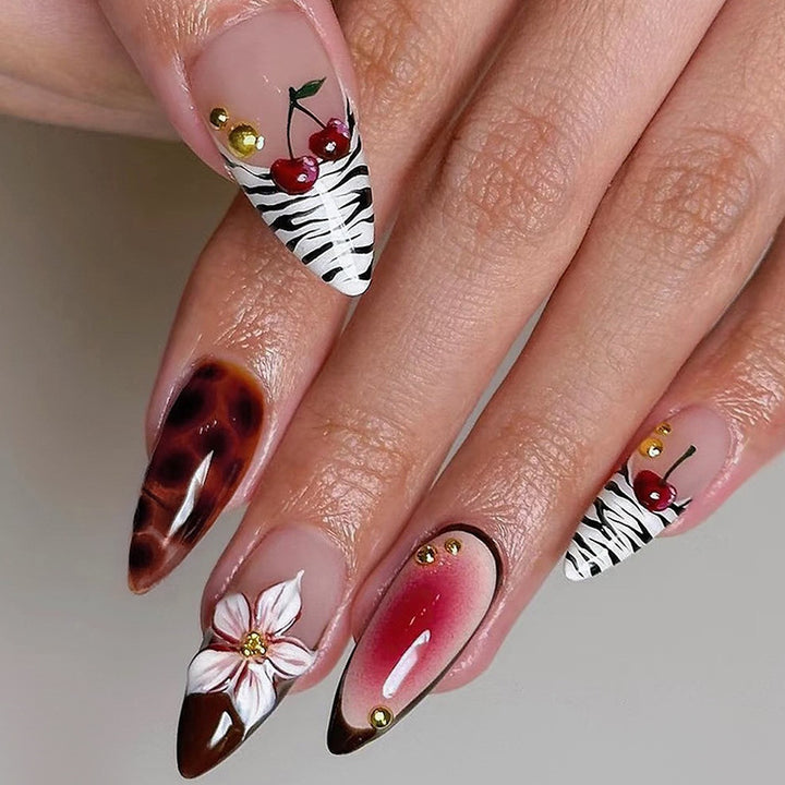 Artistic Press-On Nail Set with Floral and Pattern Designs Bowlift