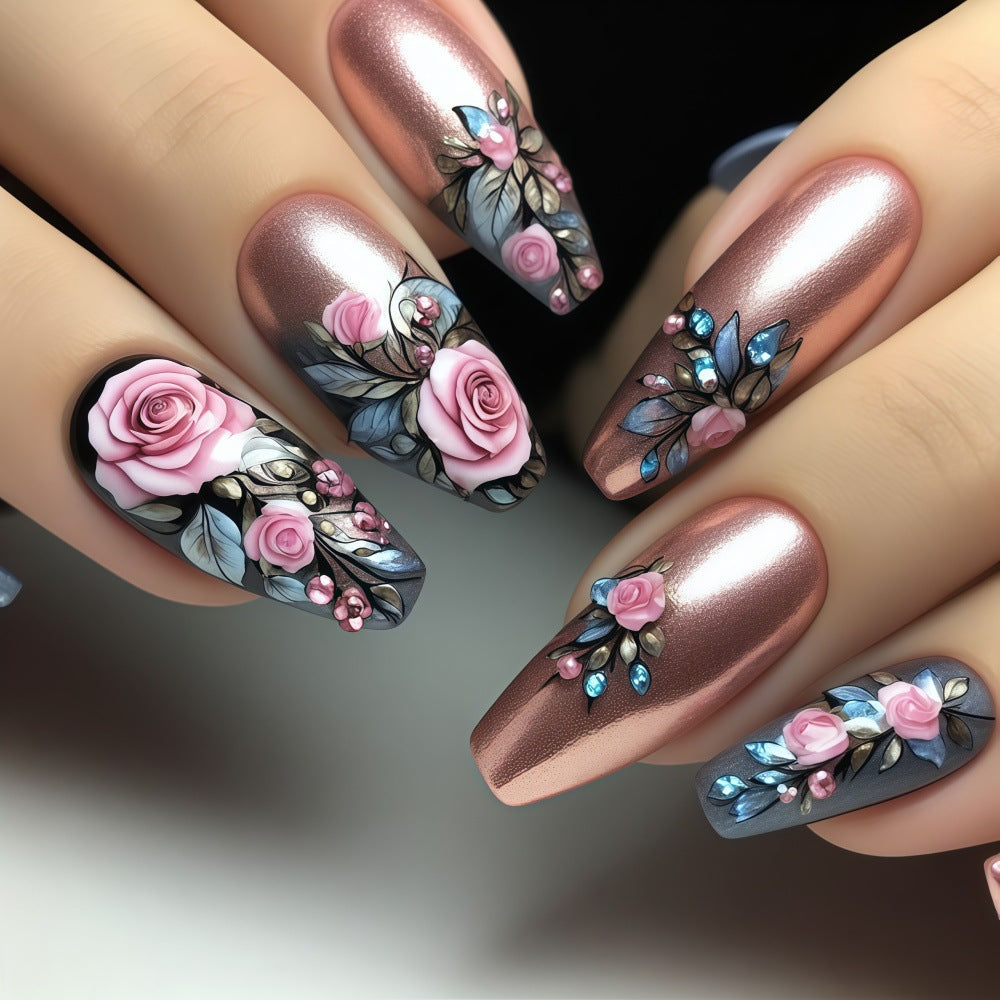 Artificial nails with floral rose pattern Bowlift