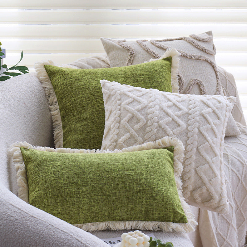 Rectangular cushion cover with woven linen look and decorative fringed edge Bowlift