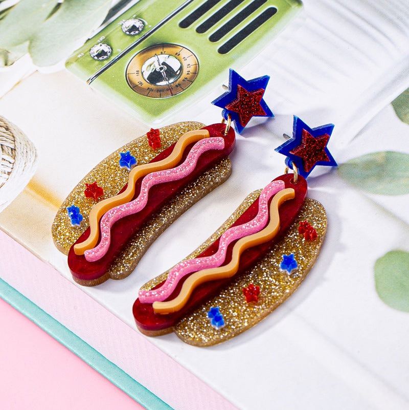 Women's nan novelty glitter hot dog dangle earrings with star stud Bowlift