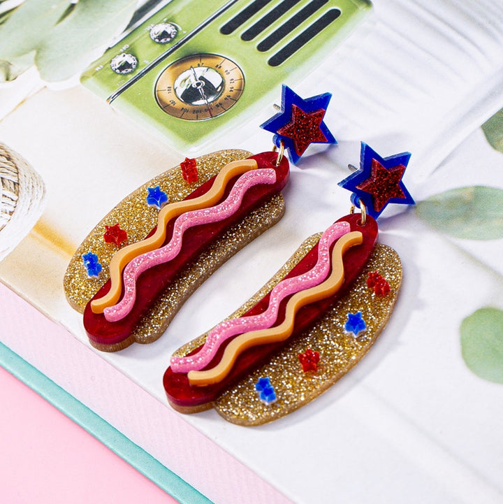 Women's original statement earrings in hotdog design with star stud and layered acrylic mix Bowlift