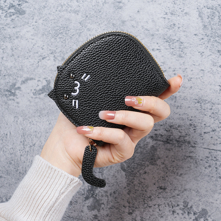 Cat-Shaped Textured Faux Leather Coin Purse with Zipper Wrist Strap Bowlift