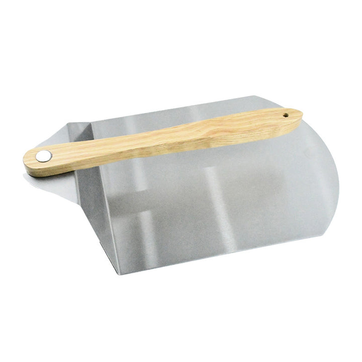 large round stainless steel pizza paddle with beveled edge and full-length wooden handle Bowlift