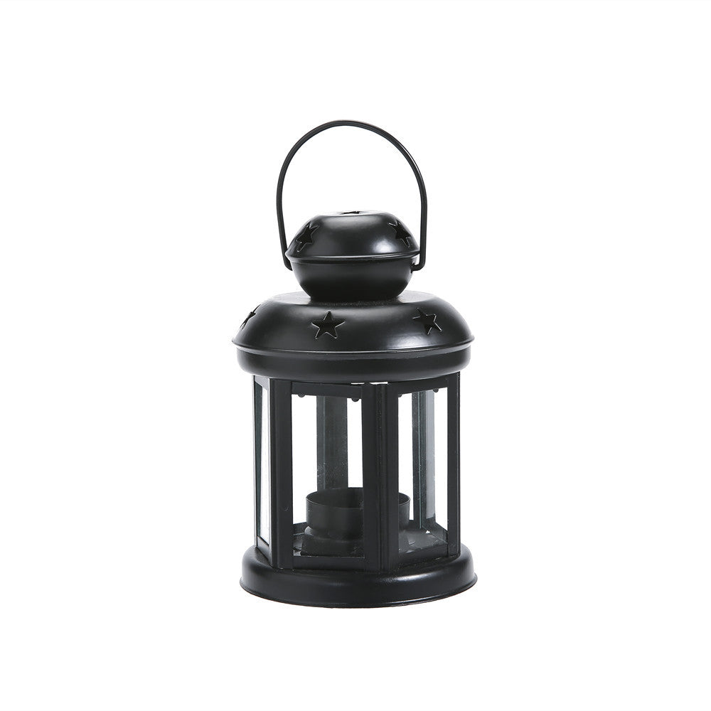 Hexagonal Glass-Paneled Metal Tealight Lantern with Star Vent Cutouts Bowlift