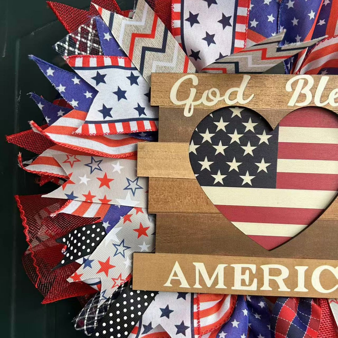 Unisex nan Patriotic Americana Decorative Front Door Wreath with Burlap Mesh Ribbon and Wooden Heart Plaque Bowlift