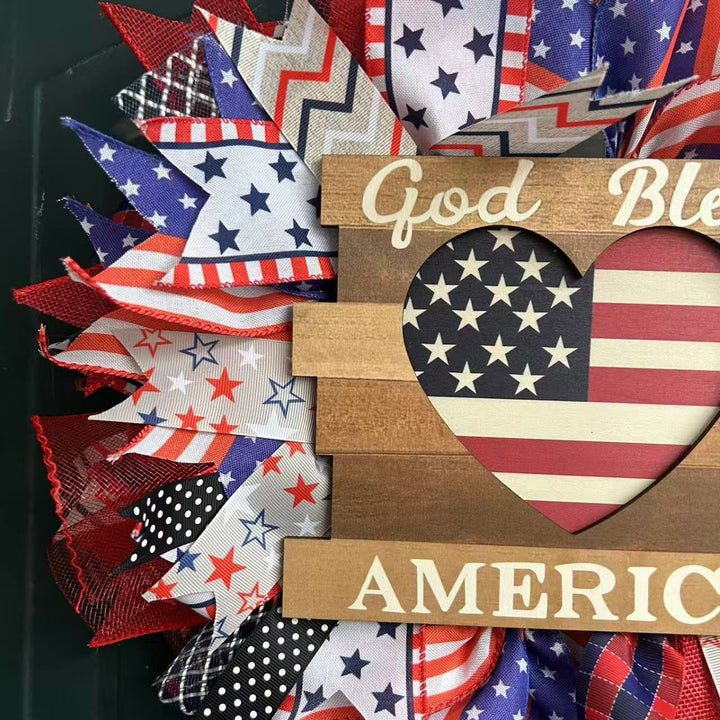 Unisex nan Patriotic Americana Decorative Front Door Wreath with Burlap Mesh Ribbon and Wooden Heart Plaque Bowlift