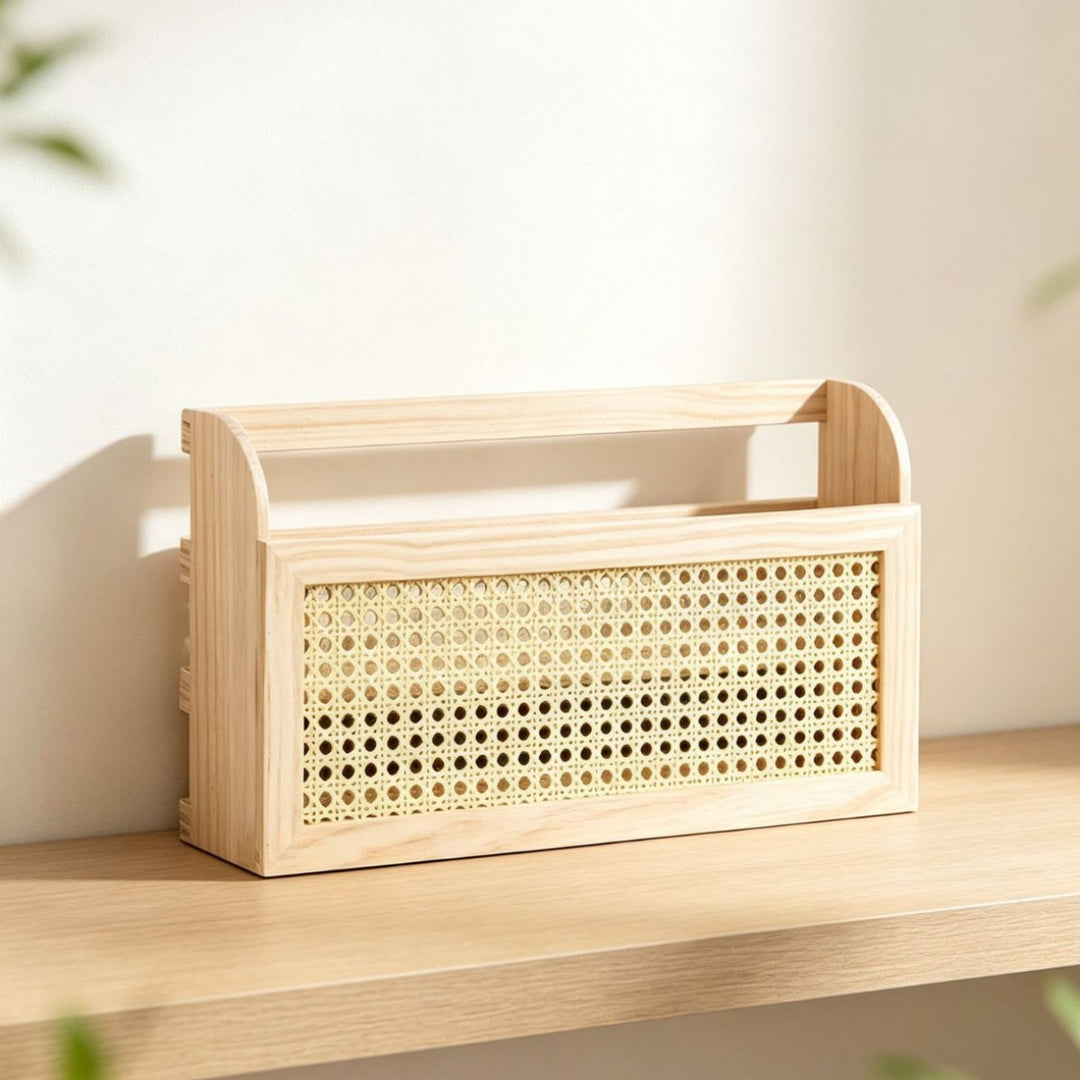 Stylish storage box made of wood and rattan Bowlift