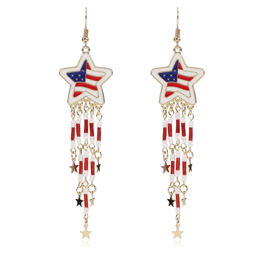 Women's nan long beaded fringe dangle earrings with enamel flag medallion and crystal drops Bowlift