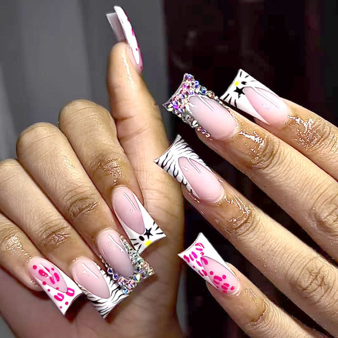 Decorative Stiletto Press-On Nails with Artistic Pattern and Gem Accents Bowlift