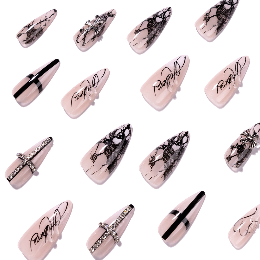 Artful stiletto nails with elegant embellishments Bowlift