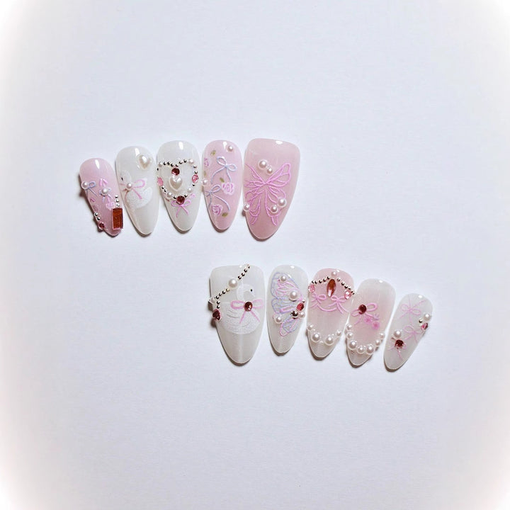 Decorative 3D Bow and Pearl Press-On Nail Art Bowlift
