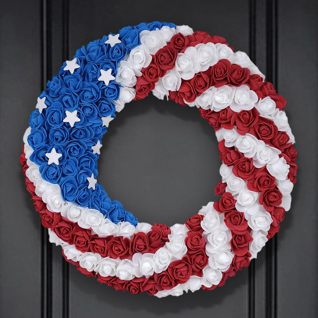 Unisex decorative country house door wreath with overlapping wooden stars and multiple ribbon bows Bowlift