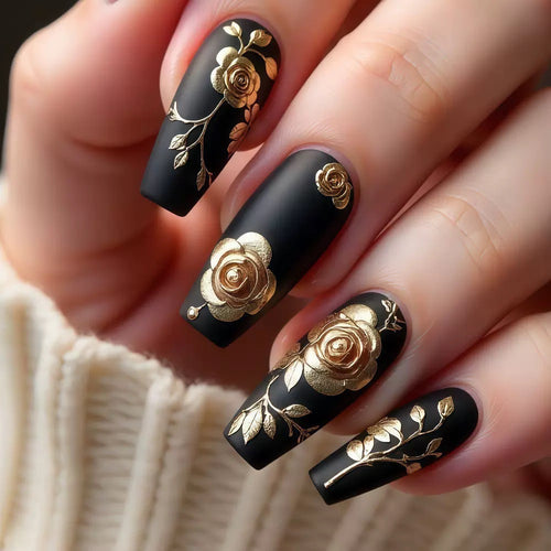 Artificial nail set with elegant golden rose decorations Bowlift