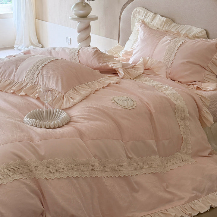 Ruffled Lace-Trimmed Satin-Accent Duvet Cover Bedding Set