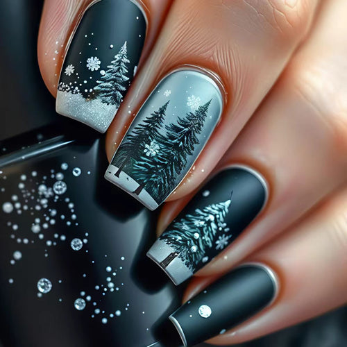 Artificial nails with winter fir tree design Bowlift