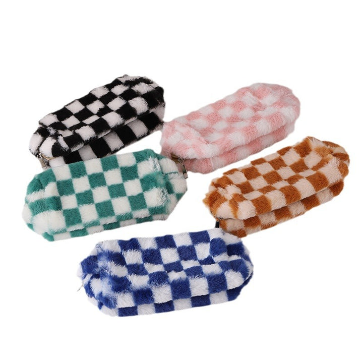 Faux Fur Checkered Zipper Makeup Organizer Pouch Bowlift