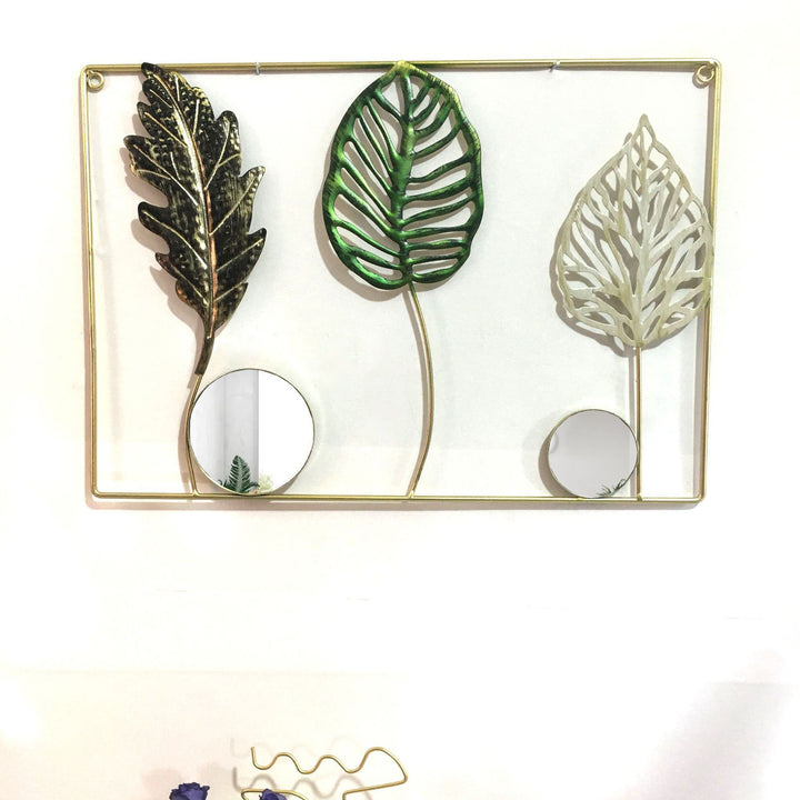 Decorative Metal Wall Art with Tropical Leaf and Mirror Design Bowlift
