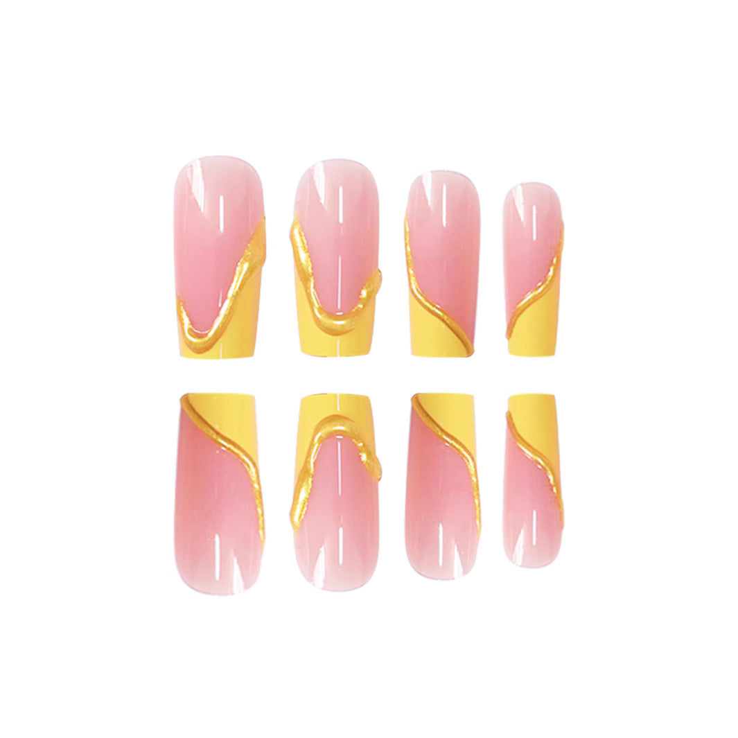 Elegant Acrylic French Tip Press-On Nails with Gold Detailing Bowlift