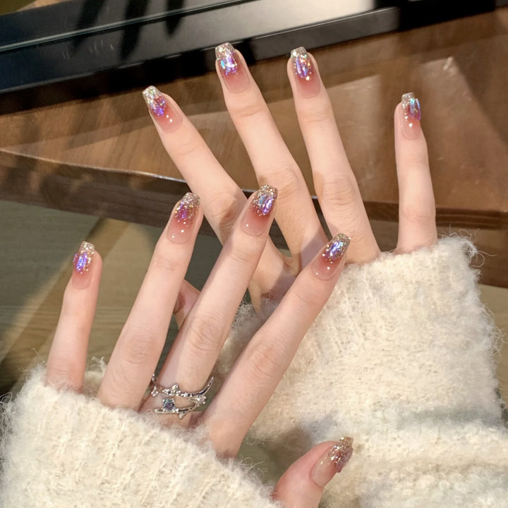Glittering Ombre Press-On Nails with Stylish Crystal Accents Bowlift