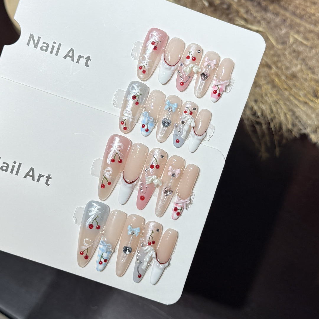 Decorative Press-On Nail Art Set with Charming Cherry Accents Bowlift