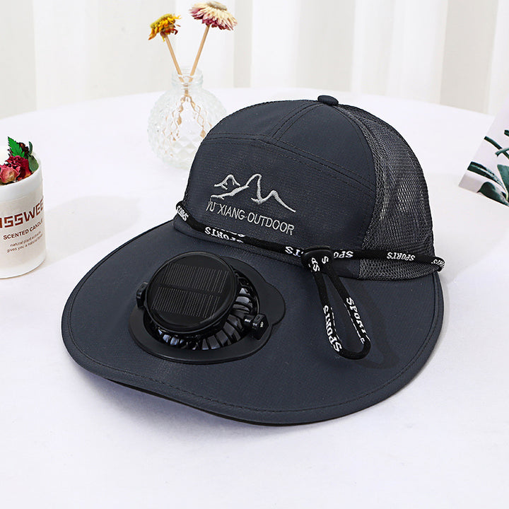 Ventilated outdoor sun hat with integrated solar fan detachable solar panel breathable mesh and adjustable chin strap Bowlift