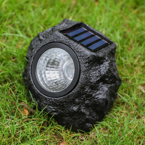 Solar-Powered LED Faux-Rock Garden Spotlight With Integrated Solar Panel And Weatherproof Textured Resin Housing Bowlift