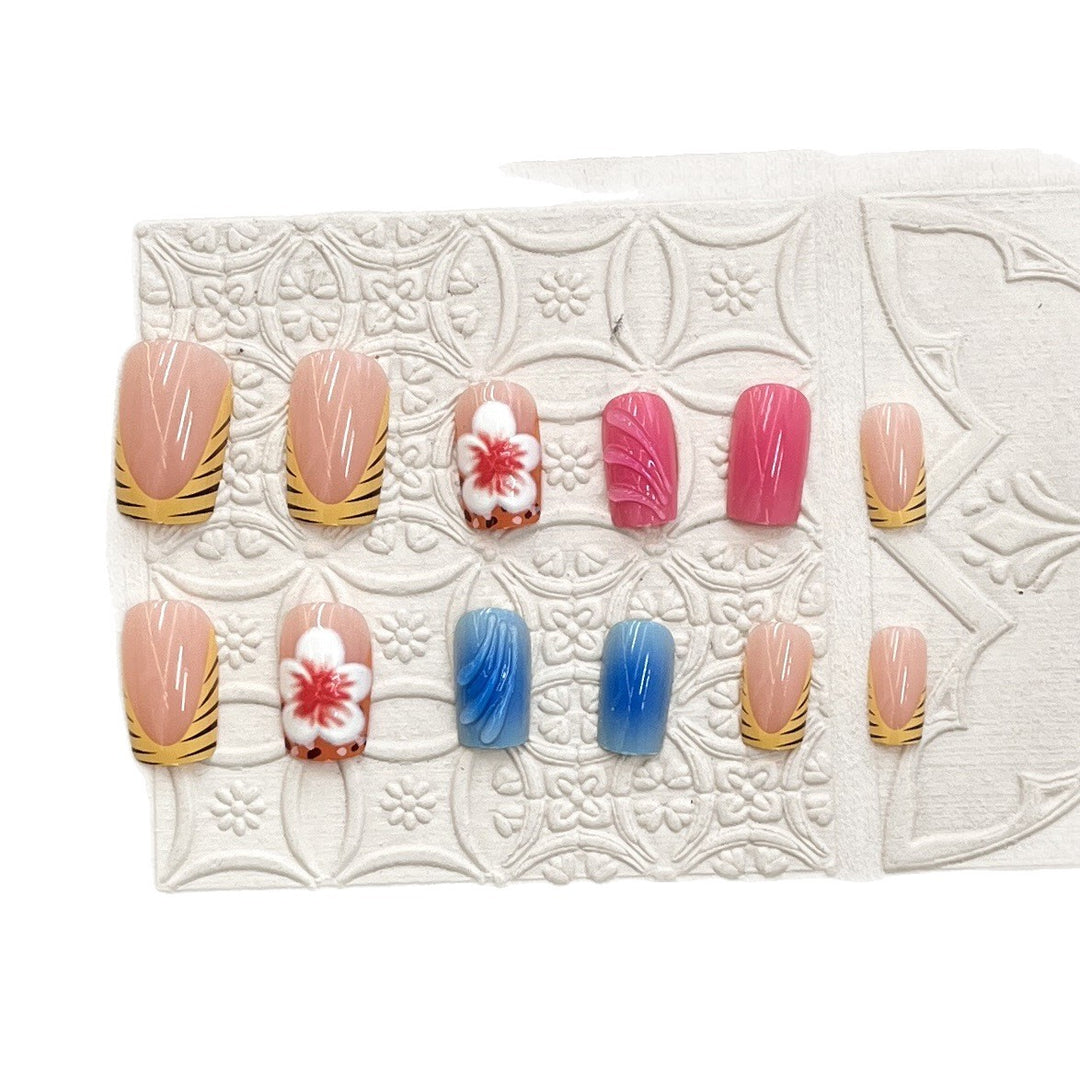 Artistic Press-On Nail Set with Floral and Wave Designs Bowlift