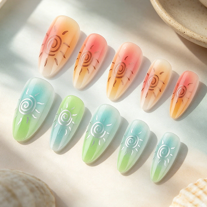 Artistic Press-On Nail Set Featuring Sun Designs Bowlift