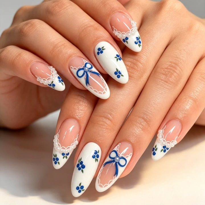Artificial nails with romantic flower and bow decor Bowlift