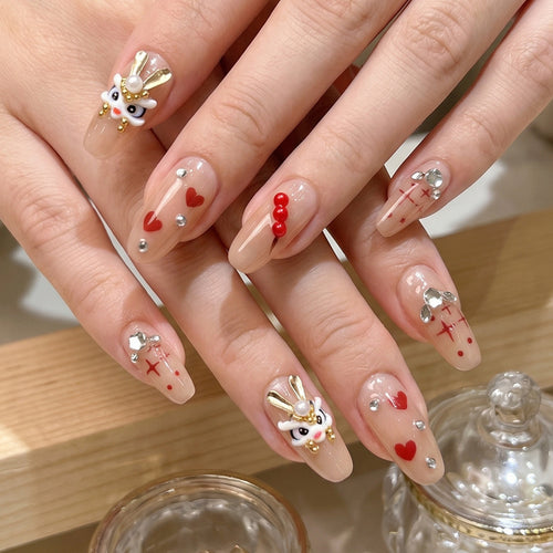 Artistic Press-On Nail Set with Themed Rabbit and Heart Designs Bowlift